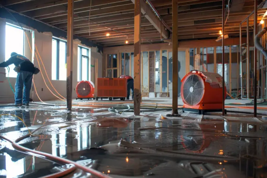 Flooded lower level opened to the framing, with red air movers and a technician working in standing water