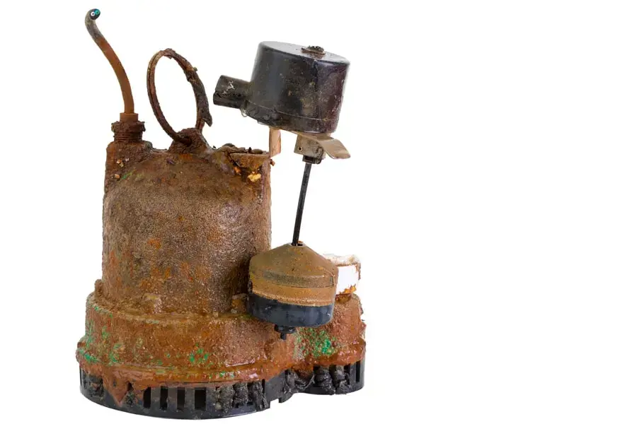 Worn, rusted submersible sump pump with its float switch